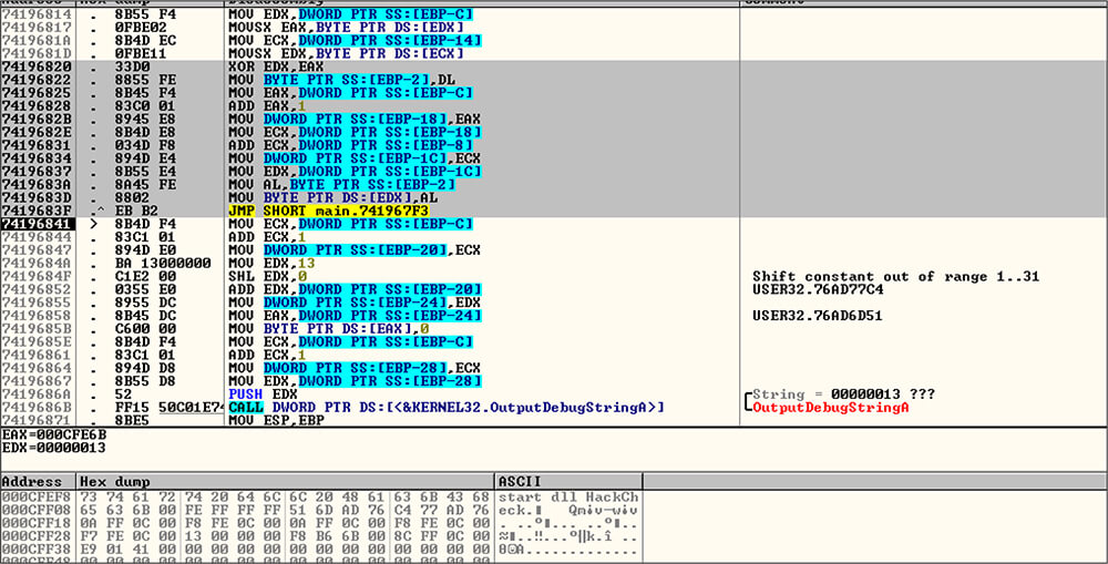 decrypts the encrypted string by OutputDebugStringA API call